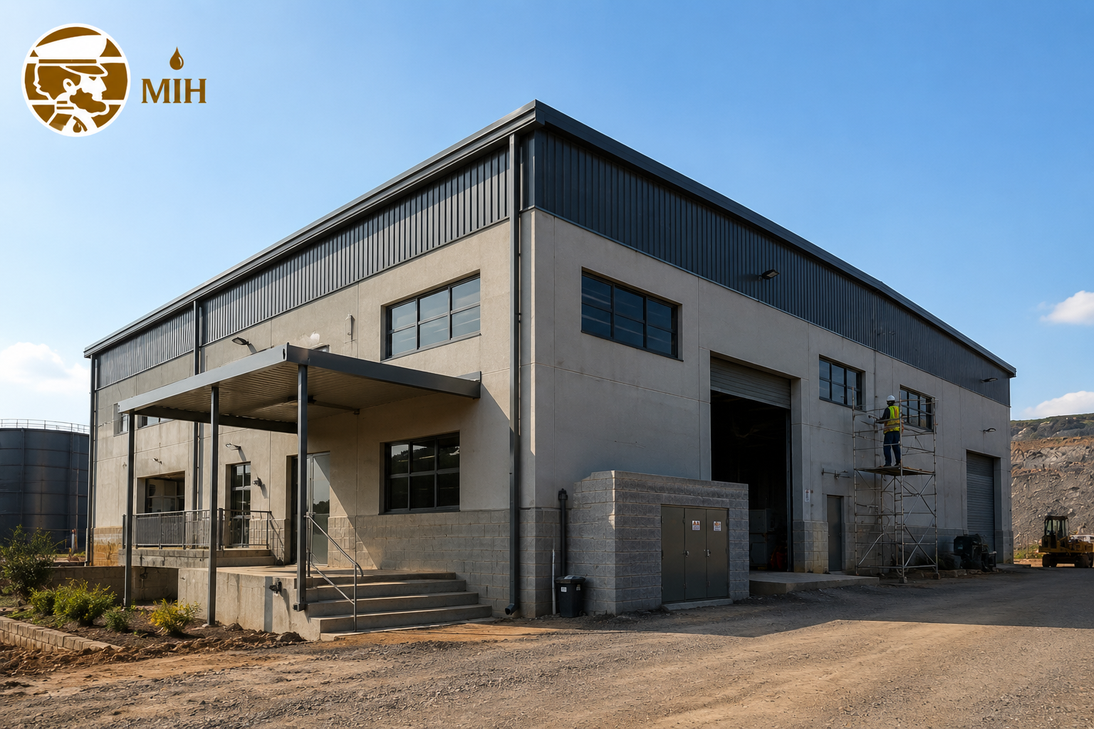 Newly built mine workshop exterior with steel roof and scaffold